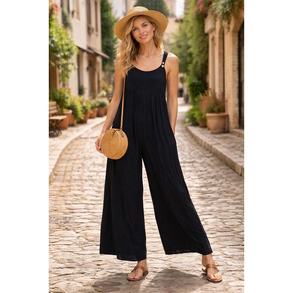 Kori Black Wide Leg Boho Jumpsuit XL Relaxed Fit Button Strap Rayon